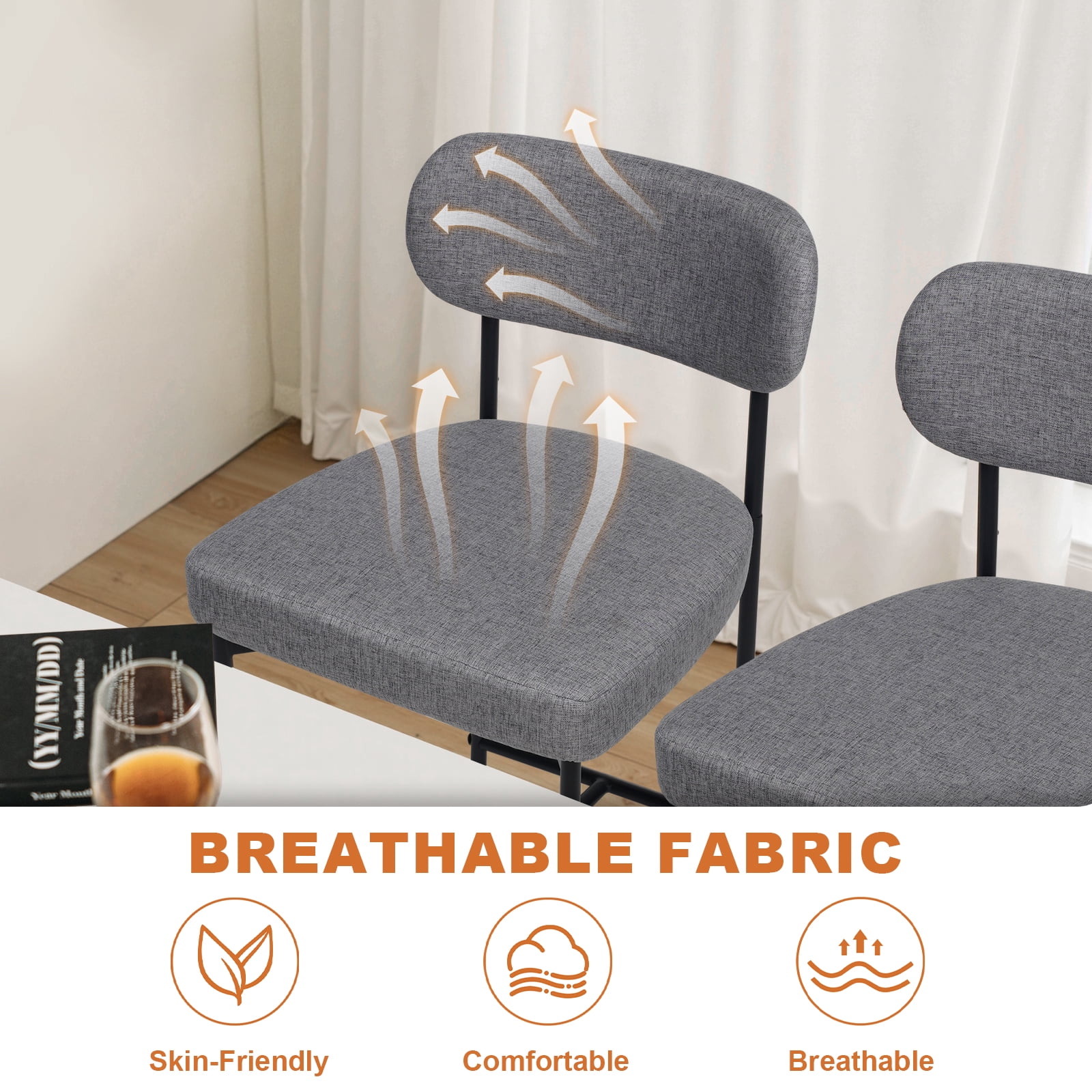 Hommpa Bar Stools Chairs Set of 2, 24" Gray Fabric Kitchen Counter Stools with Curved Back and Footrest, Fabric Counter Height Bar Chair for Kitchen Island