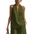 thumbnail image 4 of Linen Halter Tops for Women Flowy Loose Fit Sleeveless Tank Top Casual Summer V Neck Blouses Beach Clothes Army Green XL, 4 of 7