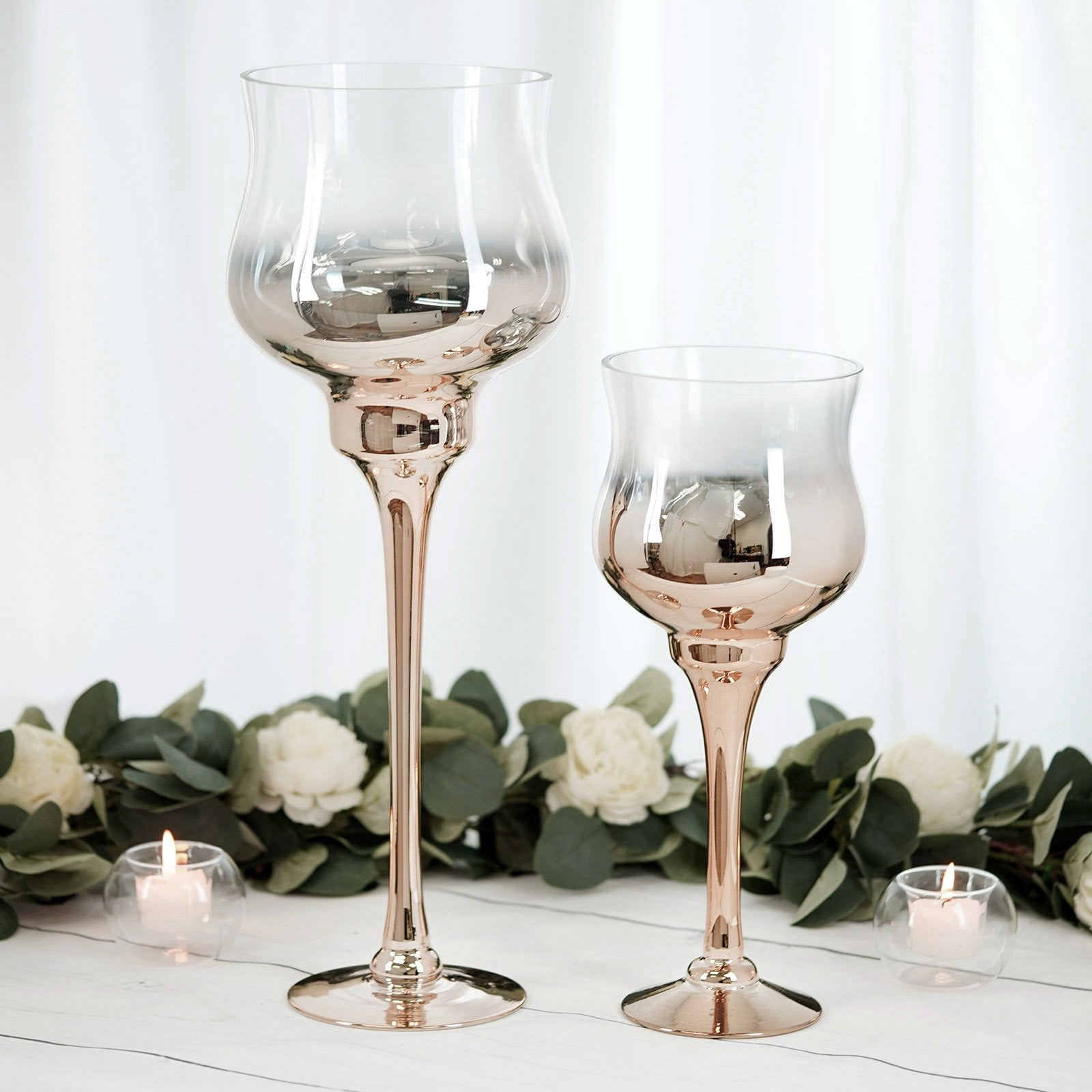Set of 2 Champagne Long Stem Ombre Glass Goblet Candle Holder Set