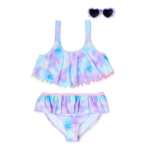 Bmagical Girls Pom Pom Flounce Bikini Swimsuit with Sunglasses Set, 2 ...