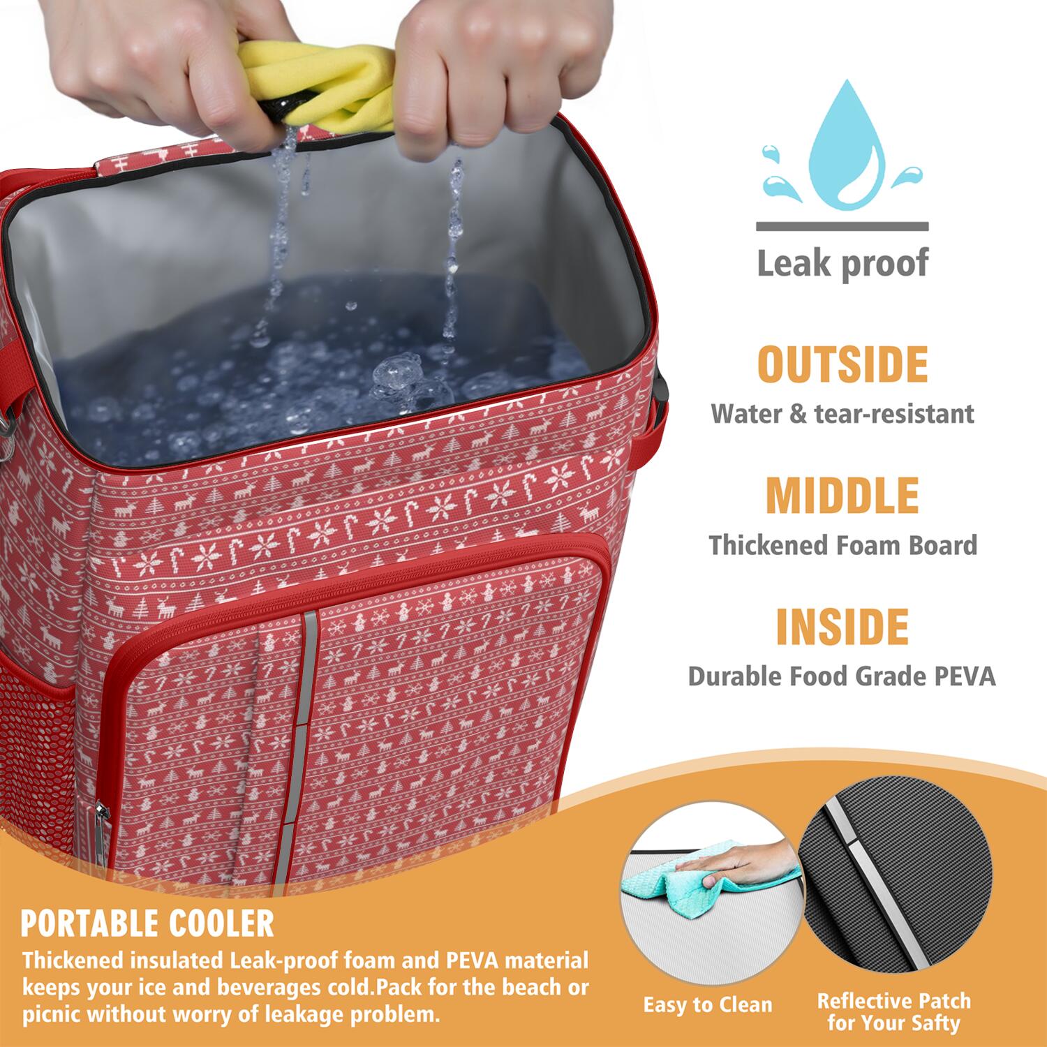 Travel Cooler Bag - Red Christmas Knitted Pattern Camping Beer Cooler Backpack with Bottle Opener- Waterproof Insulated Picnic Backpacks - Cooler Bag for Beach