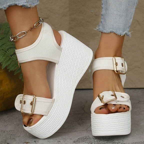 PiGOGI Women's Wedge Heel Sandals - One-Line Buckle Fish Mouth Summer Shoes - Casual Comfortable Mesh Thick-Soled Sandals White