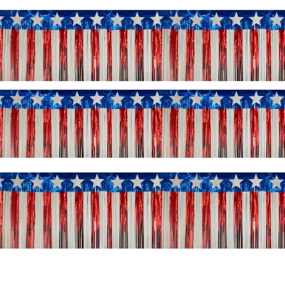 3 Pack Fringe Banners, 59ft Total Red White And Blue Star Metallic Hanging Backdrop Banner Table Skirts for Party, Birthday Decorations
