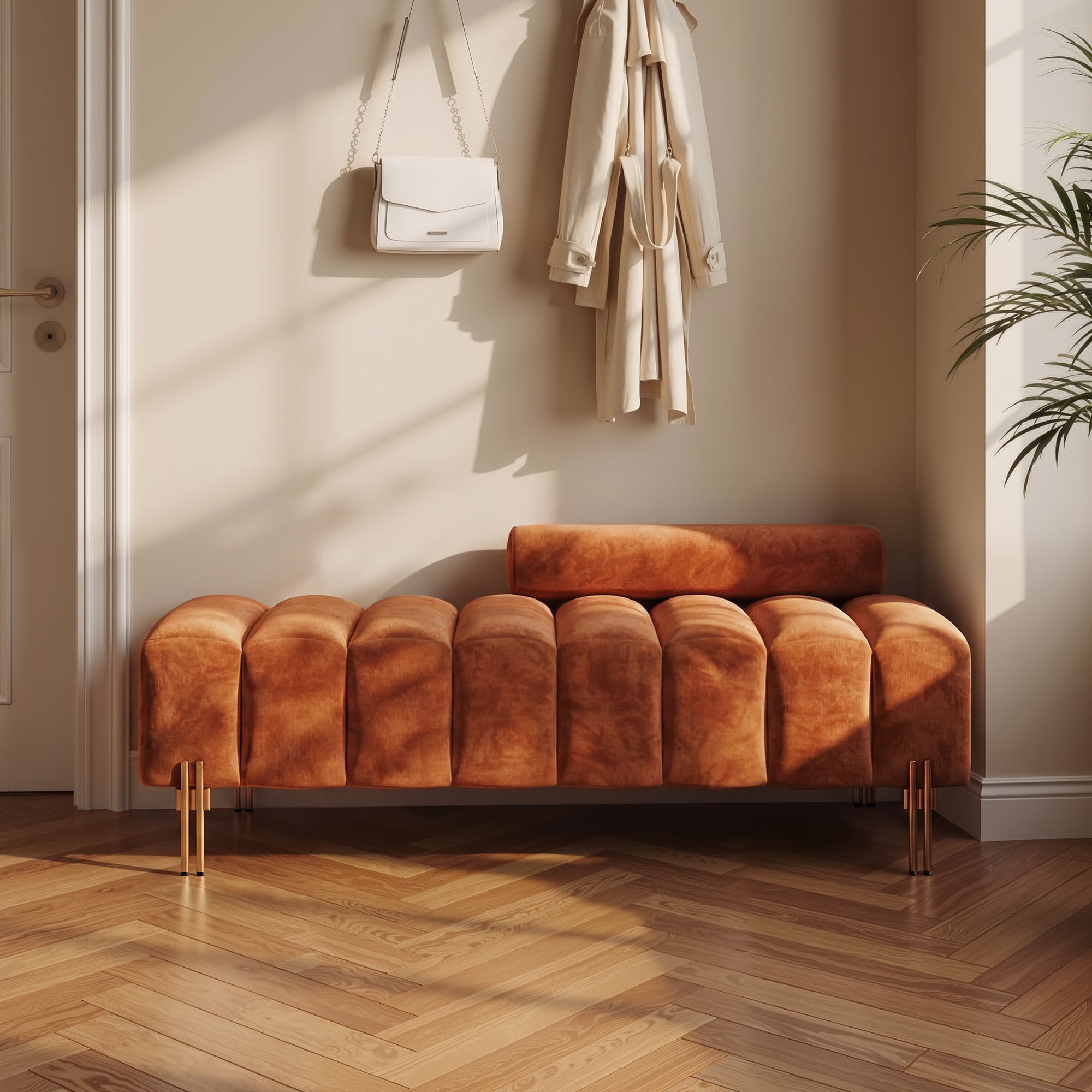 Wiilayok 52" Upholstered Velvet Ottoman Bench,End of Bed Bench with Gold Legs,Tufted Long Bench for Bedroom Living Room Foyer Indoor Entryway, Orange