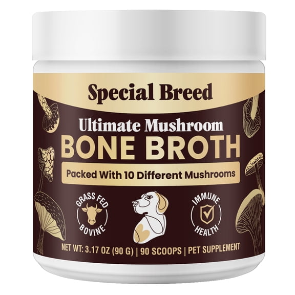 Beef Bone Broth for Dogs - Dog Bone Broth Powder with Ten Organic Mushrooms - High Protein   Ten Mushroom Supplement for Joint Flexibility, Immune Support, Cognition, Vitality, Hydration - 90 Scoops
