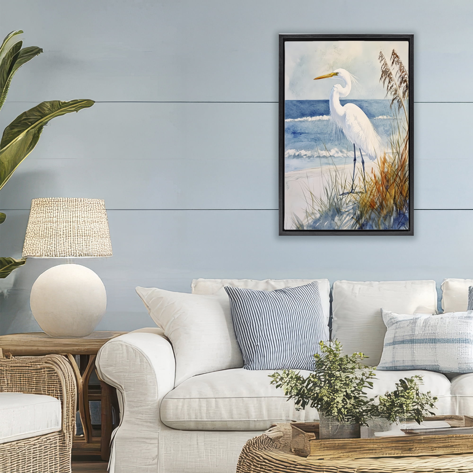 Stupell Industries Egret By The Waves Black Framed Floater Canvas Wall Art, design by Petal Prints Design
