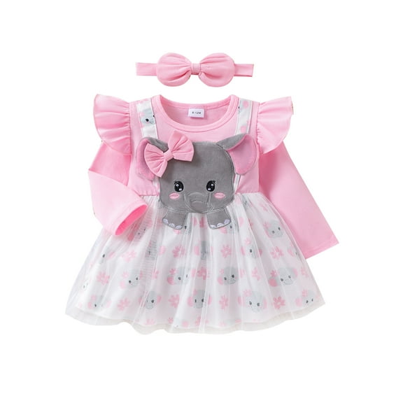 Licupiee Toddler Girls Dress Elephant Print Round Neck Dress with Headband