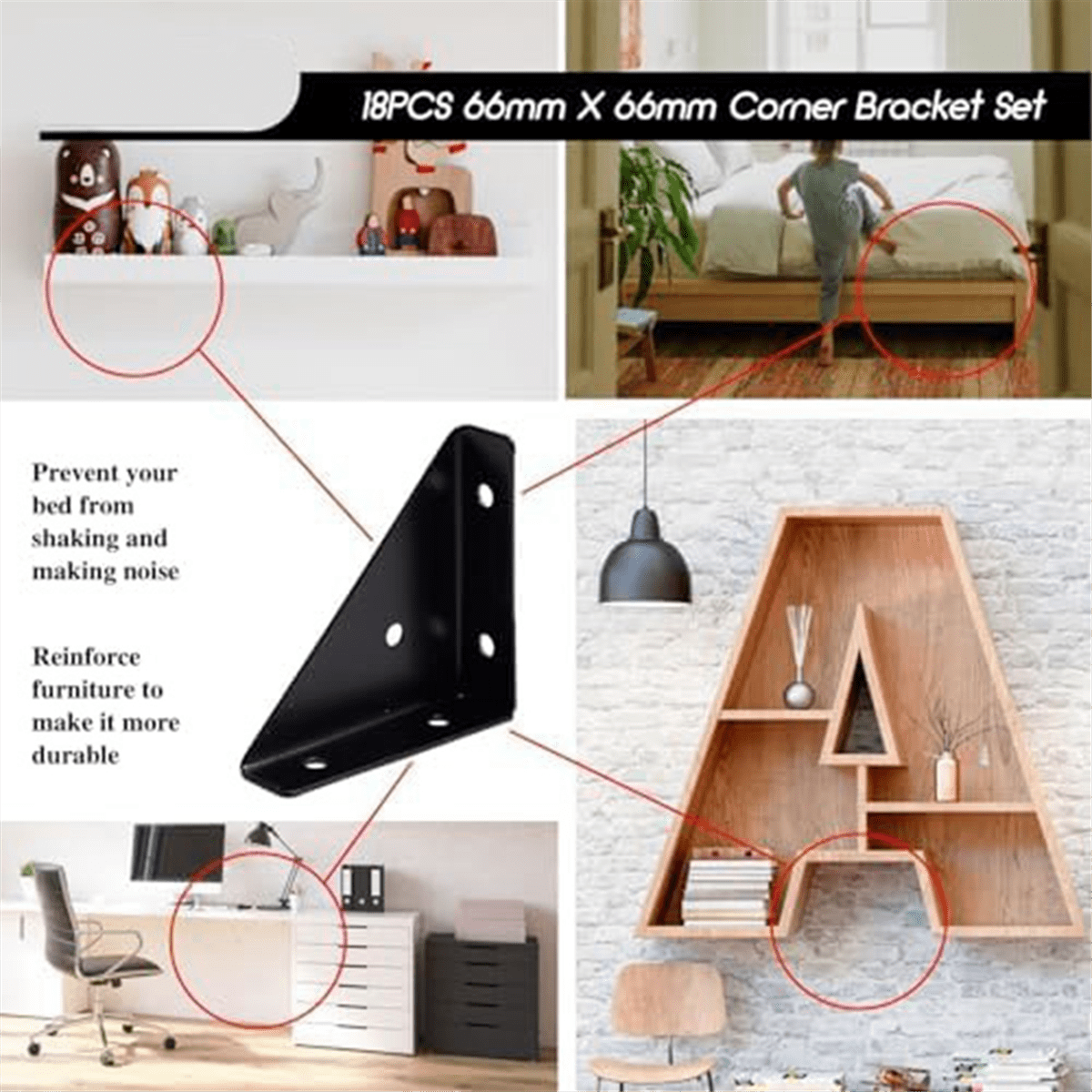 Angle Bracket, Metal Angle Bracket, Triangular Shelf Bracket, Corner Table Connector for Bed, Table, 66mm x 66mm,18 Pcs