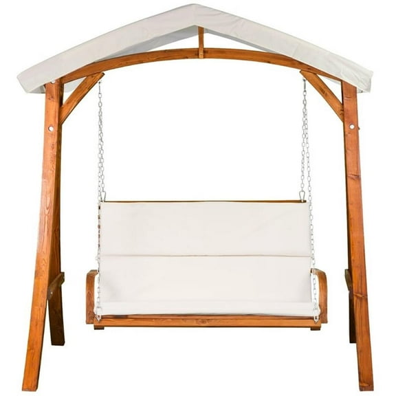 Pemberly Row Wood Outdoor Swing Seater with Canopy in Medium Brown