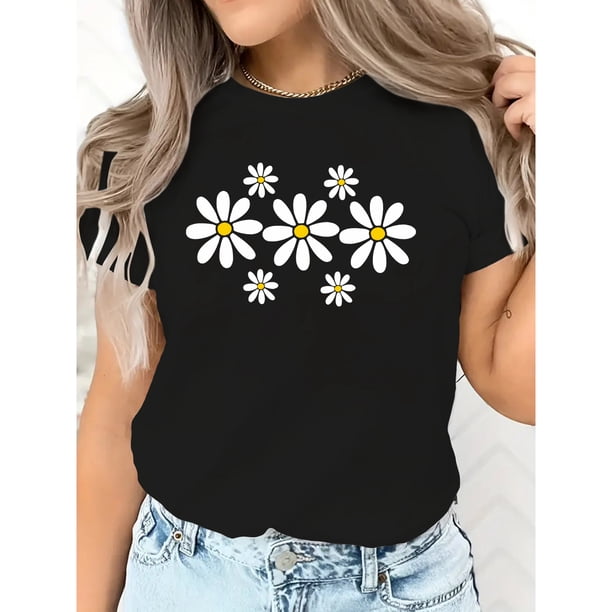 Camiseta casual de mujer para primavera y verano estilo europeo y americano con un pequeño estampado de margaritas
