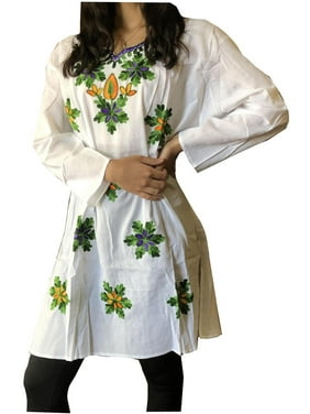 Mogul Women Tunic Dress White Cotton Green Embroidered Bohemian Kurti L