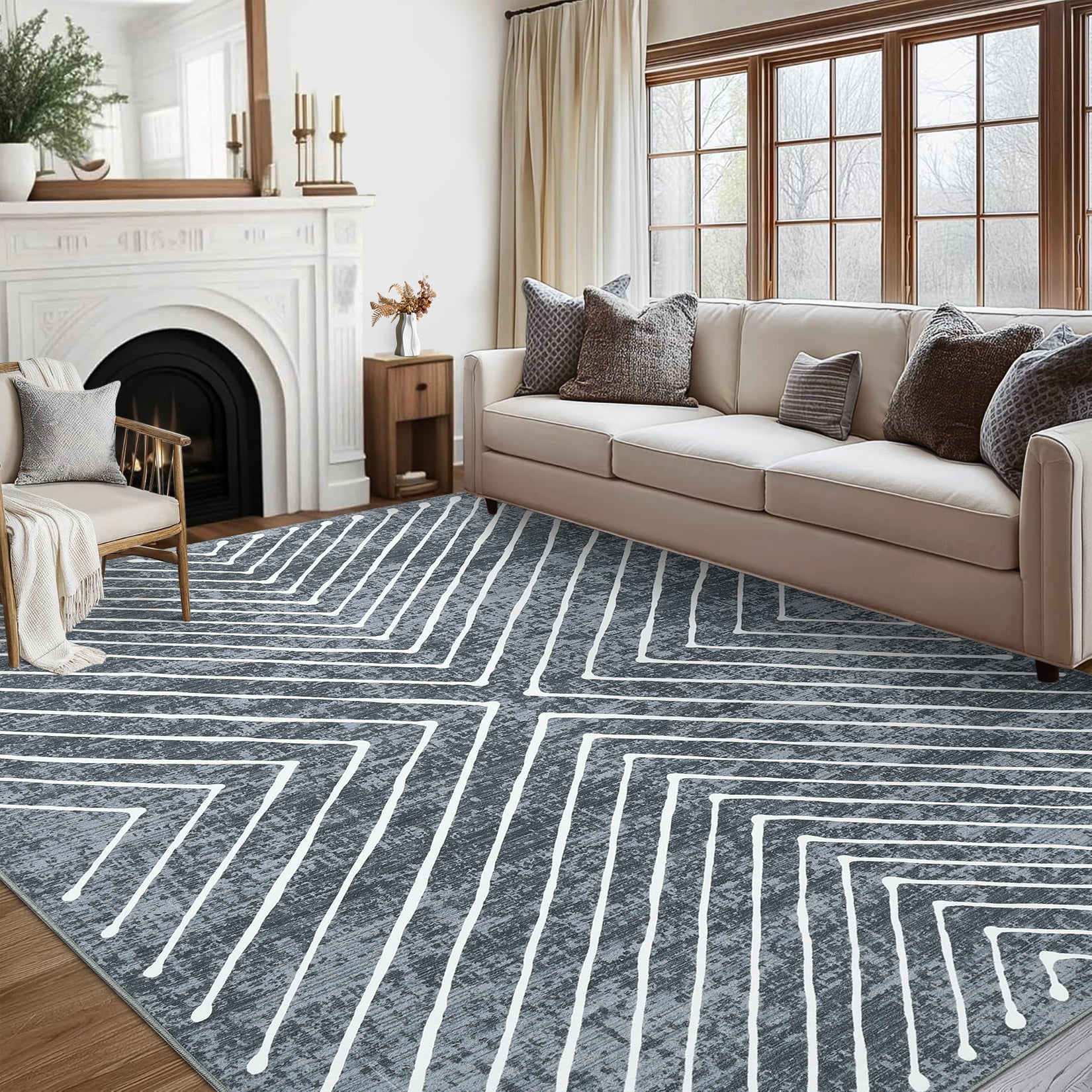 HIWEAVER Modern Geometric Striped Pet Friendly Area Rug for Living Room Washable 5' x 7' Neutral Indoor Decor Carpet, Dark Gray
