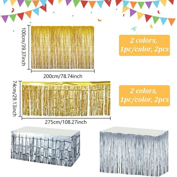 4 Pack Metallic Foil Fringe Tinsel Table Skirts for Rectangle Tables 2 Sizes Tinsel Backdrop Curtains Shiny Tinsel Tassle Banner for Wedding Float Christmas Mardi Gras Party(Silver & Gold)