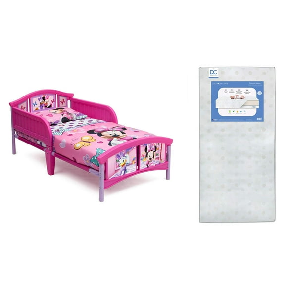 Delta Children Plastic Toddler Bed, Disney Minnie Mouse Twinkle Galaxy Dual Sided Recycled Fiber Core Toddler Mattress (Bundle)