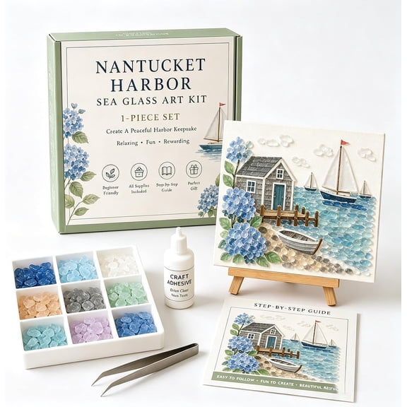 Timeless American Destinations Sea Glass Art Kit, DIY Mosaic Craft Kit with Colorful Glass Stones, Coastal Art Project for Adults and Beginners, Handmade Decorative Wall Art Gift for Home Decor
