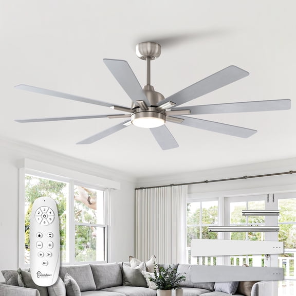 Warmiplanet 62" 8-Blade Satin Nickel Modern Ceiling Fan with LED Light Kit, Powerful DC Motor, High Airflow, 6-Speed, Reversible & Timer