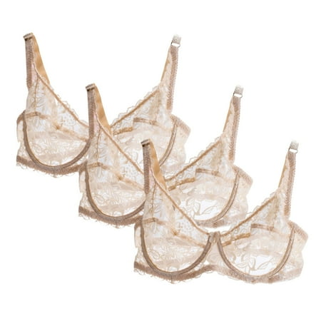 Huvoen Women s 3pc Lace Sheer Bra Unlined Minimizers Underwire Full Coverages Lingerie Bras Having Steel Rings Khaki xl