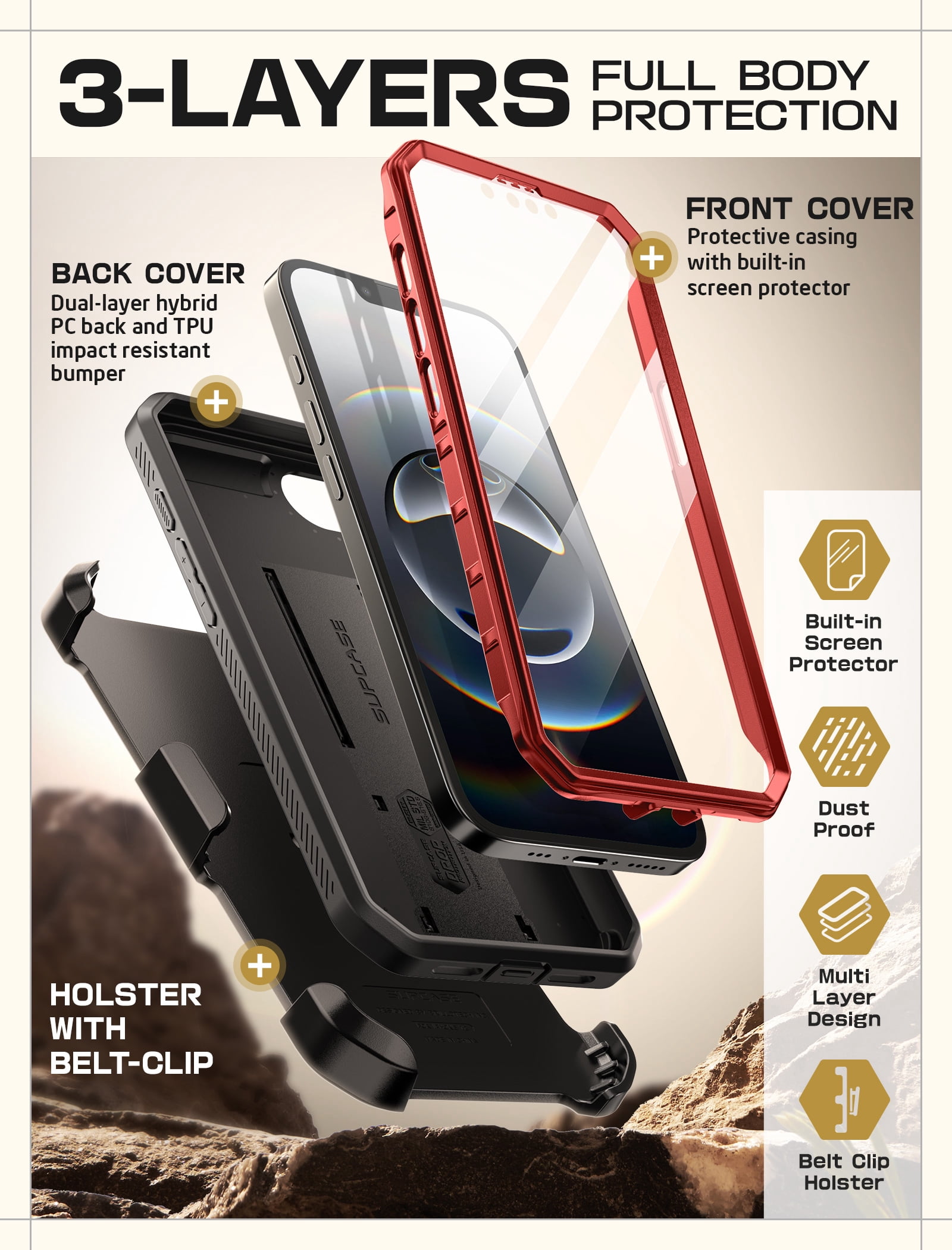 SUPCASE for iPhone 16e Case with Screen Protector (Unicorn Beetle Pro), [Built-in Stand & Belt-Clip] [Military-Grade Protection] Full Body Phone Case for iPhone 16e 6.1'' 2025, Ruddy