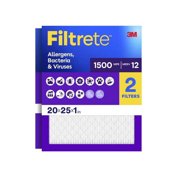 Filtrete 20x25x1 HVAC Furnace Air Filter, MPR 1500 MERV 12, Allergen, Bacteria and Virus, 2 Filters