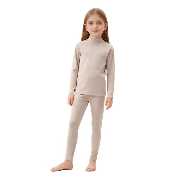 TiaoBug Kids Thermal Base Layer Set Boys Girls 2 Piece Thermal Long Sleeve Top with Tights Leggings Set Khaki 120