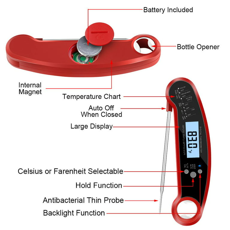Ergo Chef Digital Quick Read BBQ Thermometer, Size: 6.5 Closed, Red