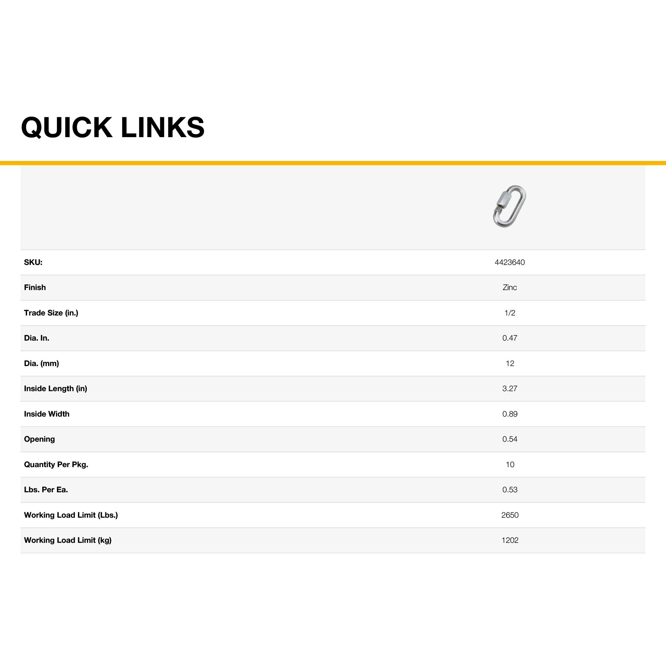 1/2" Quick Link, 10 Piece, Zinc, UPC Tagged, Peerless Chain #4423640
