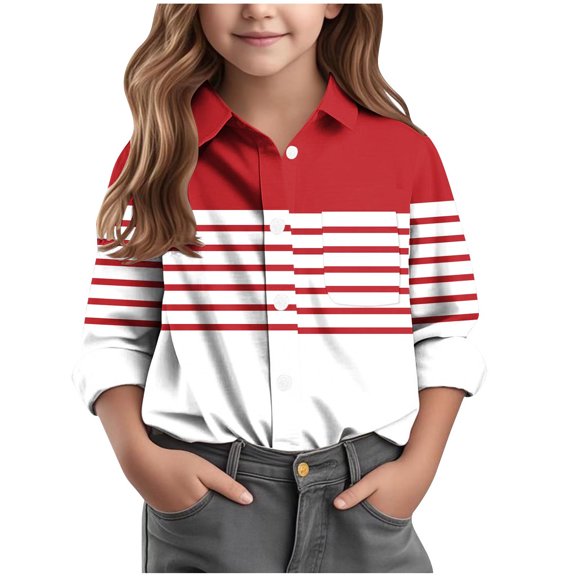 Riecok Basic Shirts for Girls Lapel Collared Striped Button up Blouse Long Sleeve Lightweight Basic Trendy Tops