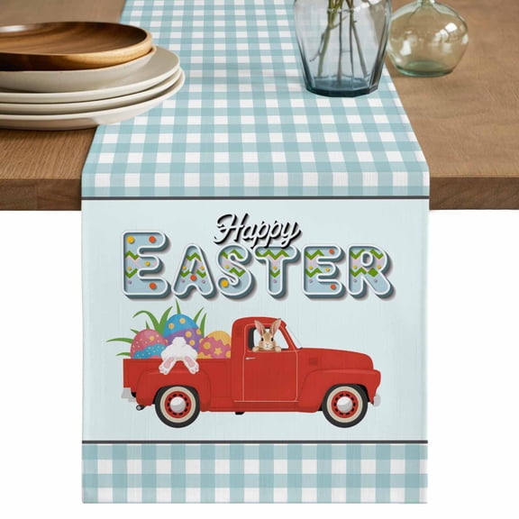 Table Runner 120 Inches Long for Kitchen Dining, Happy Easter Dresser Scarf Farmhouse, Dining Table Decorations for Wedding/Parties, Spring Watercolor Truck Bunny Eggs Blue Plaid 13 x 120 In