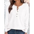 thumbnail image 4 of Women's Crew Neck Button Henley Waffle Knit Loose Long Sleeve Top White L, 4 of 5
