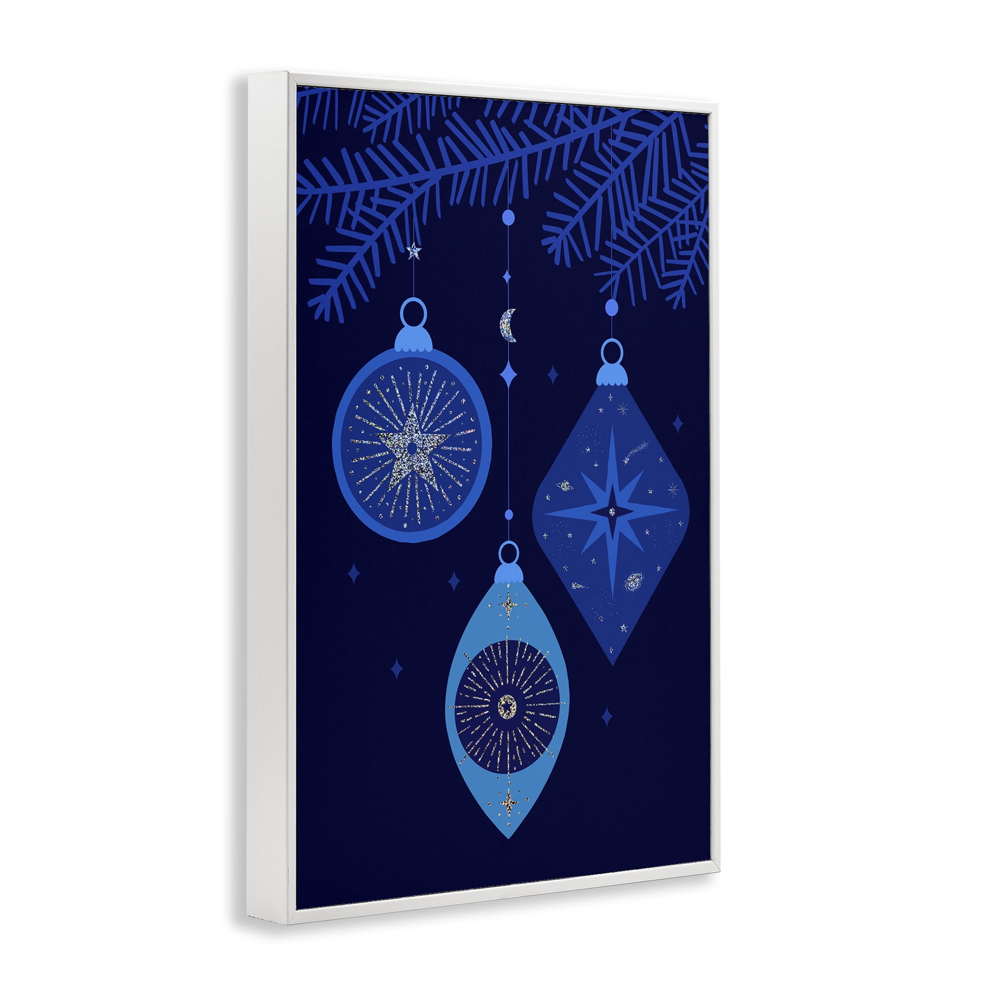 Stupell Industries Blue Hanging Ornaments Holiday Painting White Framed Art Print Wall Art, 12 x 18