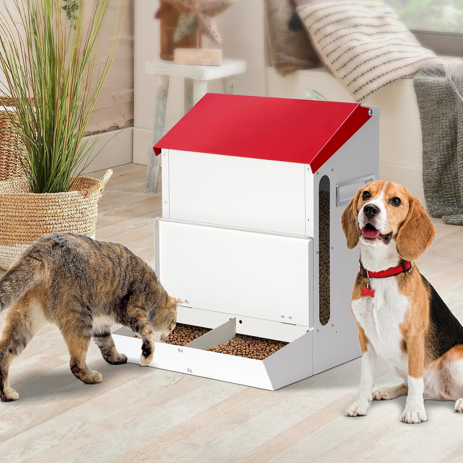 Automatic Cat Feeder 2 Cats,50cups/12L Automatic Pet Feeders Large Capacity Outdoor Galvanized Steel Multiple Cats Feeder Gravity Dog Dry Food Dispenser with Lid