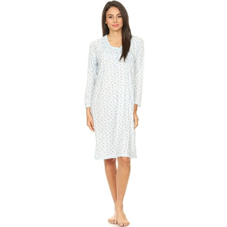 

651 Womens Nightgown Sleepwear Pajamas Woman Long Sleeve Sleep Dress Nightshirt Blue L