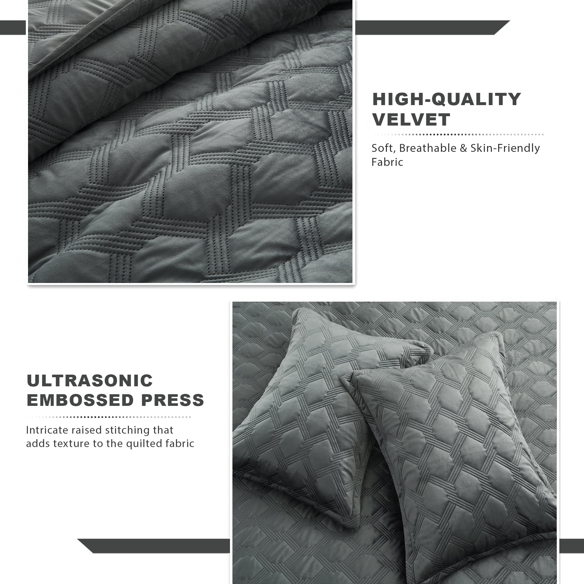 IR Imperial Rooms Velvet Quilt Set 3 Piece Geometric Ultrasonic Embossed Bedspread Reversible 350GSM Soft Brushed Microfiber Gray Full/Queen