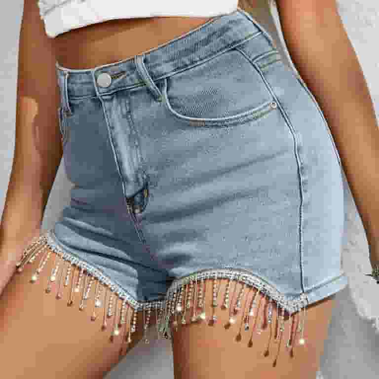 ショートパンツ RONRON FLORAL FRINGE DENIM SHORTS FADED YYDGH Jean Shorts for Womens Rhinestone Fringe Trim Denim