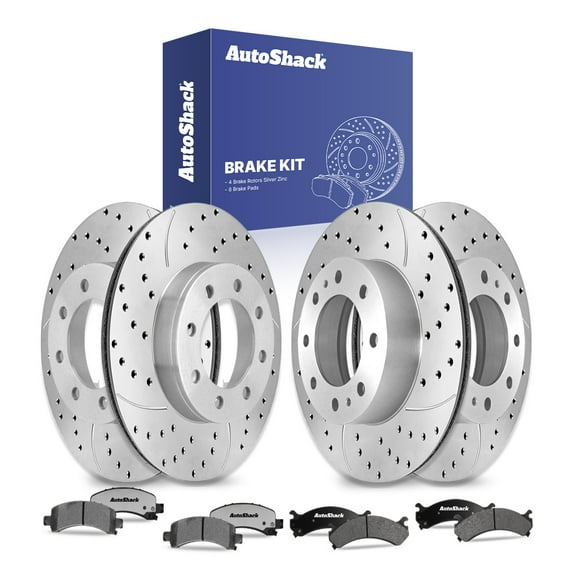 AutoShack Front Vented & Rear Vented Drilled & Slotted Silver Zinc Coated Brake Rotors   Ceramic Pads 12-PC Brake Kit Replacement for 2004-2017 Chevrolet Express 3500 SilverShield Pro
