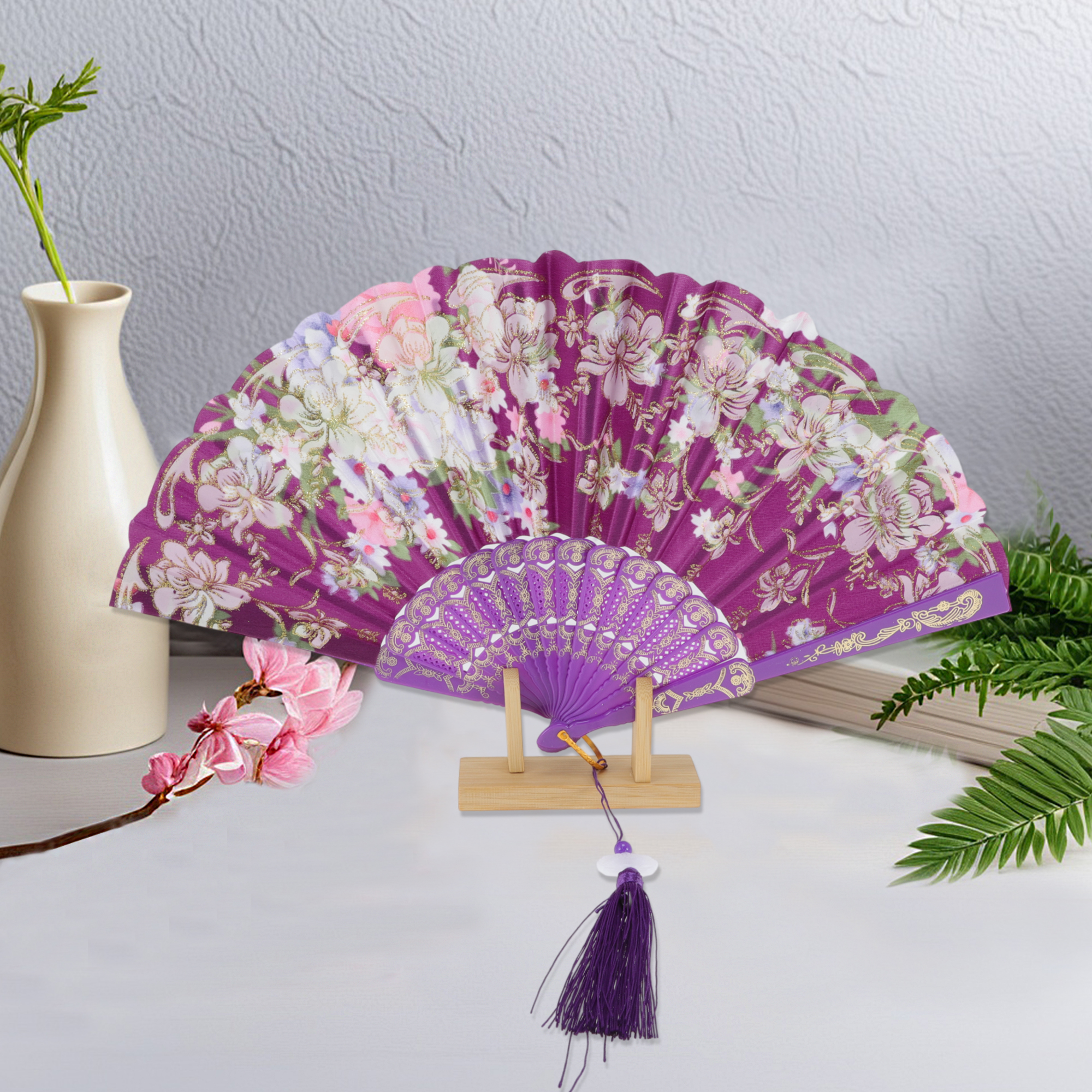 Unique Bargains Floral With Tassel Folding Fan 1Pc Purple