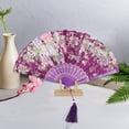 thumbnail image 4 of Unique Bargains 1 Pc Hot Stamped Floral with Tassel Folding Fan for Masquerade Purple Silk Fabric, 4 of 5