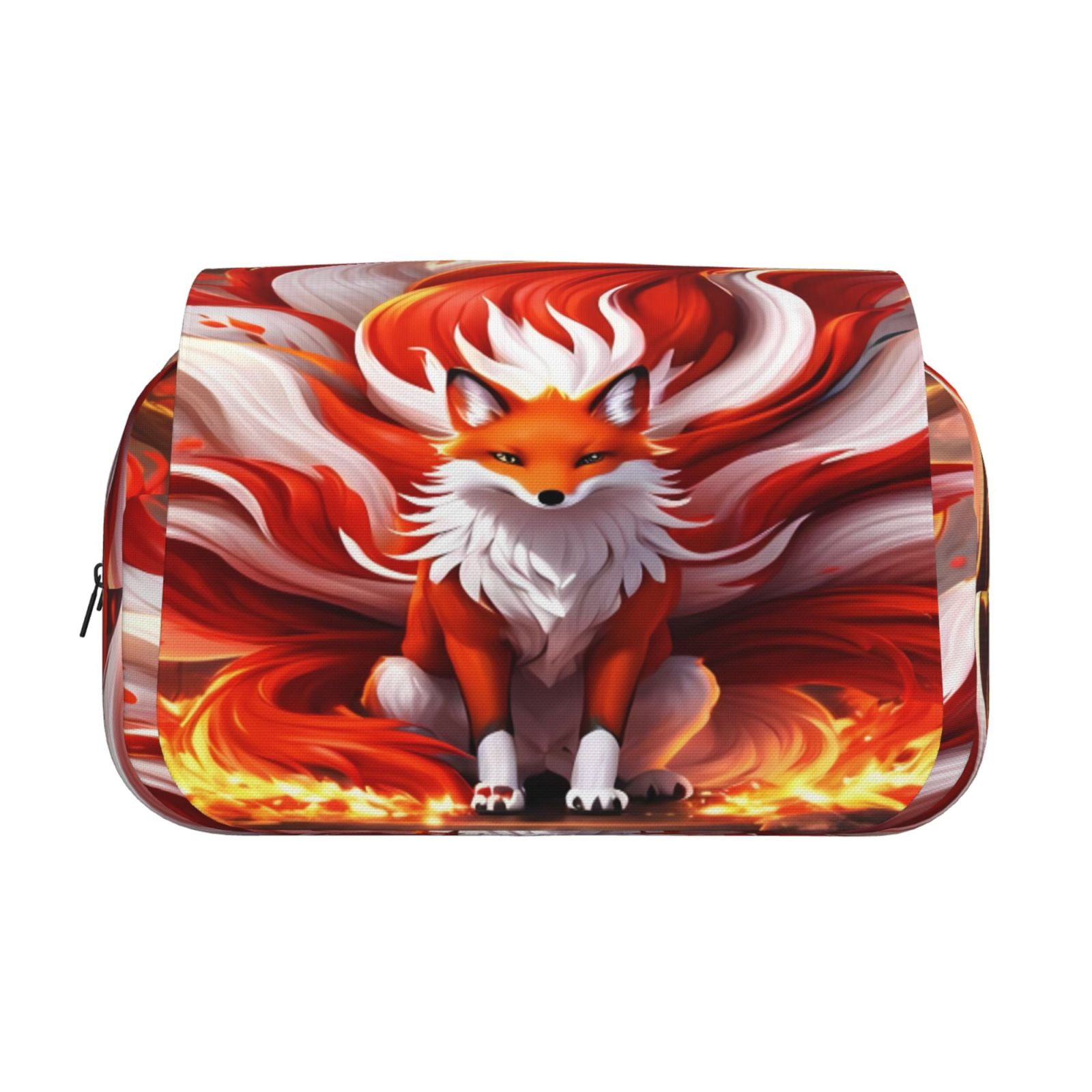 Rateoe Red Sun Flame Fox Pattern Double Clamshell Pen Case, Storage Organizer with Two Zipper Compartments– Holds Up to 50 Pencils & Pens
