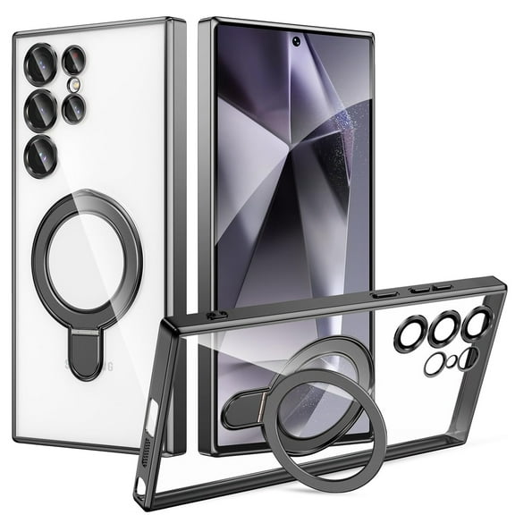 Dteck Magnetic Case for Samsung Galaxy S25 Ultra Compatible with MagSafe TPU PC Clear Back Case with Camera Lens Protector Kickstand Anti-Scratch Shockproof Electroplated Cover,Black