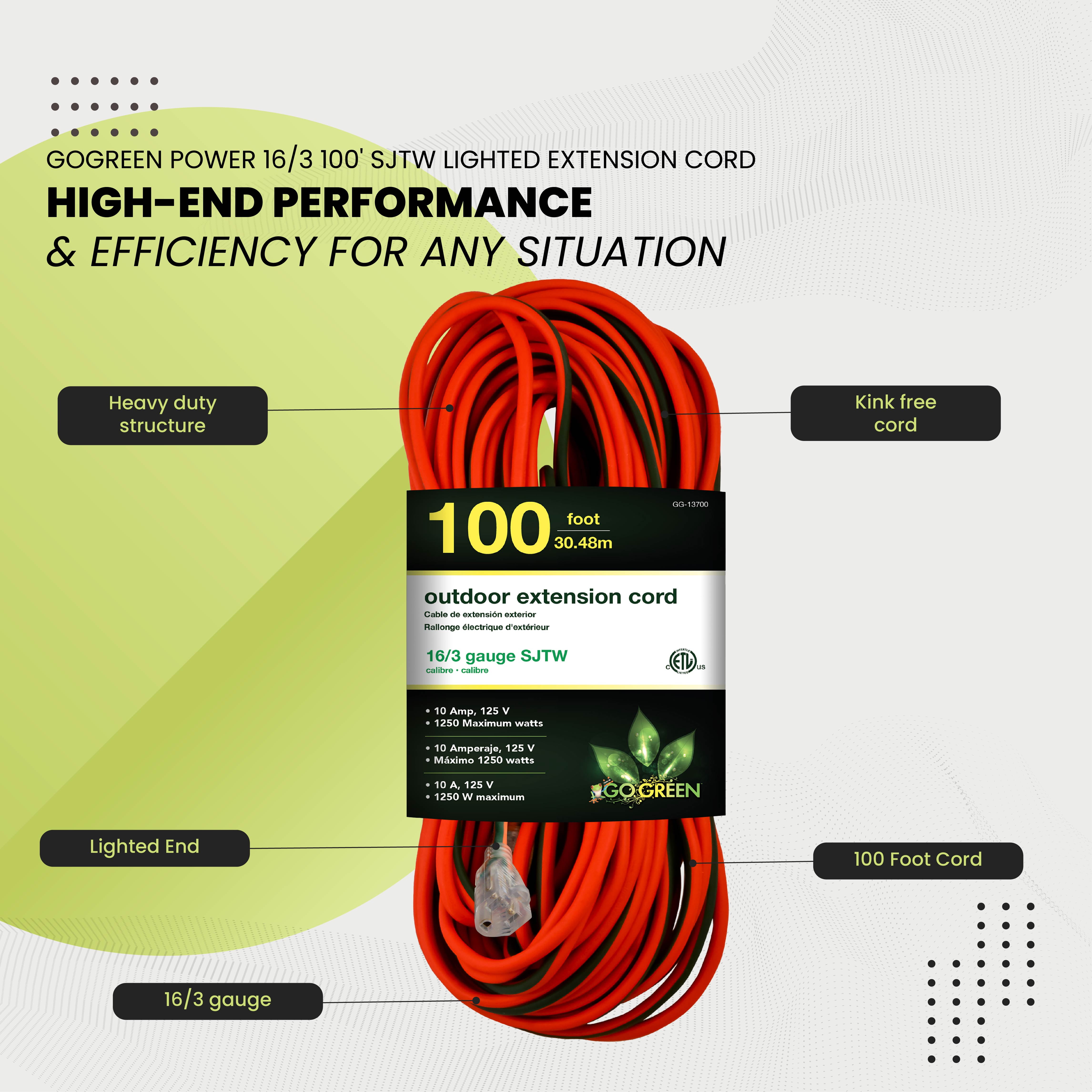 GoGreen Power (GG-13700) 16/3 100’ SJTW Outdoor Extension Cord, Lighted End, 100 Ft