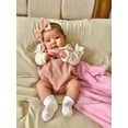 thumbnail image 3 of Newborn Infant Baby Girl Clothes Solid Ribbed Ruffle Sleeve Top and Overall Shorts with Headband Pink 0-3 Months, 3 of 7