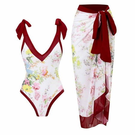 Hvyesh Women s One Piece Swimsuit with Beach Cover up Wrap Skirt Sarong Retro Floral Print Bikini Set Two Piece Bathing Suit
