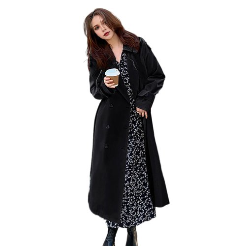 Skymirror Fall Spring Women Jacket Oversized Turn-down Collar Double-breasted Overcoat with Belt Mid-calf Length Solid Color OL Commuting Coat