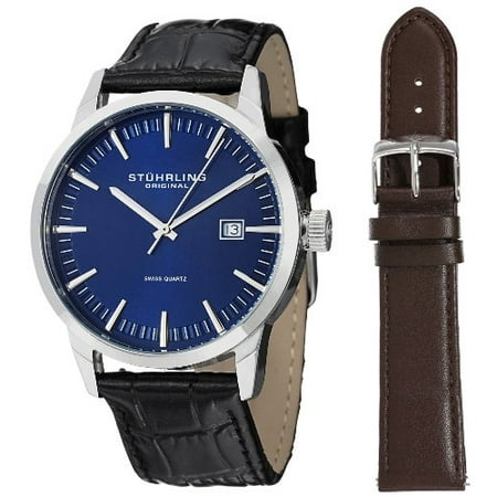 Movement Black Leather - Men's 555A.04 Analog Classic Ascot II Swiss Quartz Movement Blue Dial Black Watch with Interchangeable Brown Leather Strap