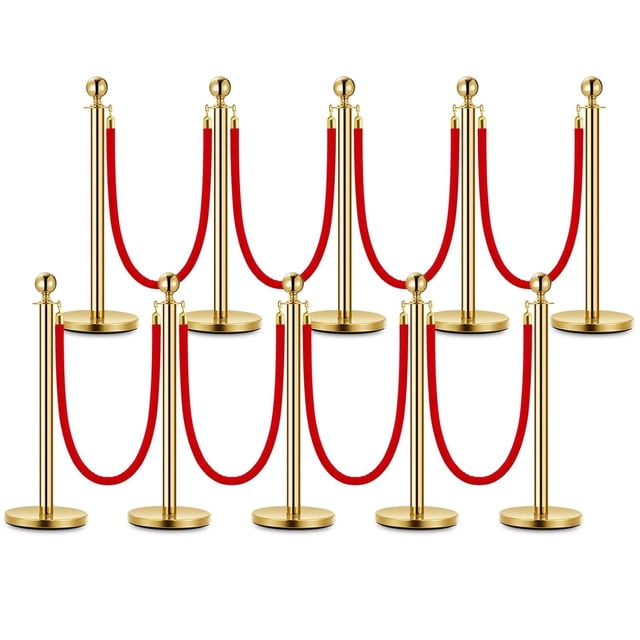 Bingirl 10PCS Stanchion Posts Queue with Red Velvet Rope 5 FT Red Carpet Ropes and Poles Crowd Control Barriers Queue Line Rope Barriers