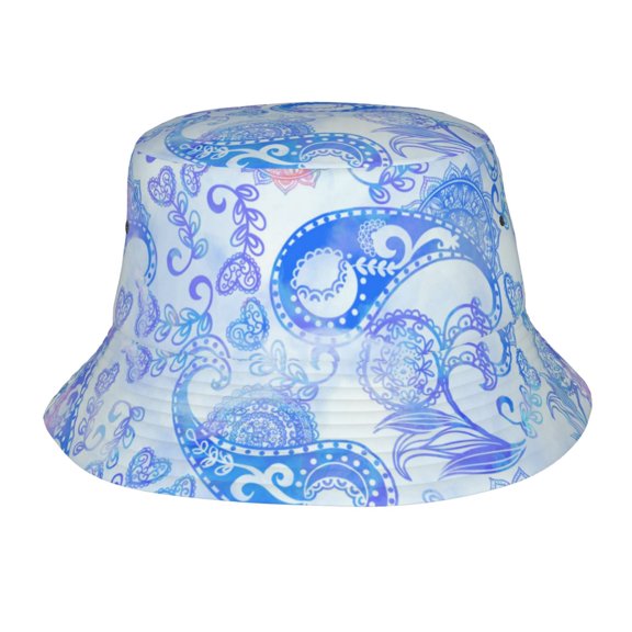 TEQUAN Foldable Polyester Adult Bucket Hat Blue Watercolor Paisley Prints Sun Beach Fishing Outdoor Cap Unisex