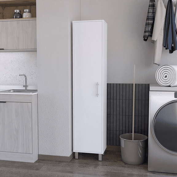 White Single-Door Storage Cabinet with 5 Shelves - Versatile for Laundry, Kitchen & Home