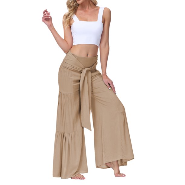 SAYOO Pantalones de Pierna Ancha para Mujer, Casual, Sueltos, de Color sólido, Cintura Fruncida, Vendaje, Cintura Elástica, Pantalones Femeninos SAYOO Moda