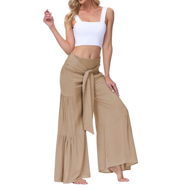 VISgogo Pantalones de Pierna Ancha para Mujer, Casual Sueltos Color Sólido Fruncido Cintura Vendaje Cintura Elástica Pantalones Femeninos VISgogo moda
