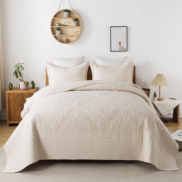 Travan Juego de edredón de 3 piezas, colcha acolchada de microfibra de gran tamaño, juego de colcha ligera con fundas, juego de cama para todas las estaciones, color beige, tamaño Queen